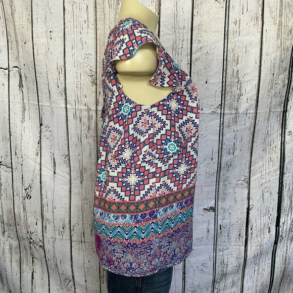 Anthropology Meadow Rue Sz 2 Square Neck Flutter Sleeve Blouse Mosaic Tile Top - Picture 2 of 5
